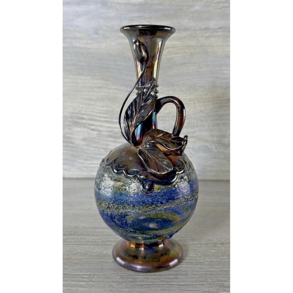 David Barak Israeli Sterling Silver Overlay Art Glass Bottle Vase 6.25" Signed